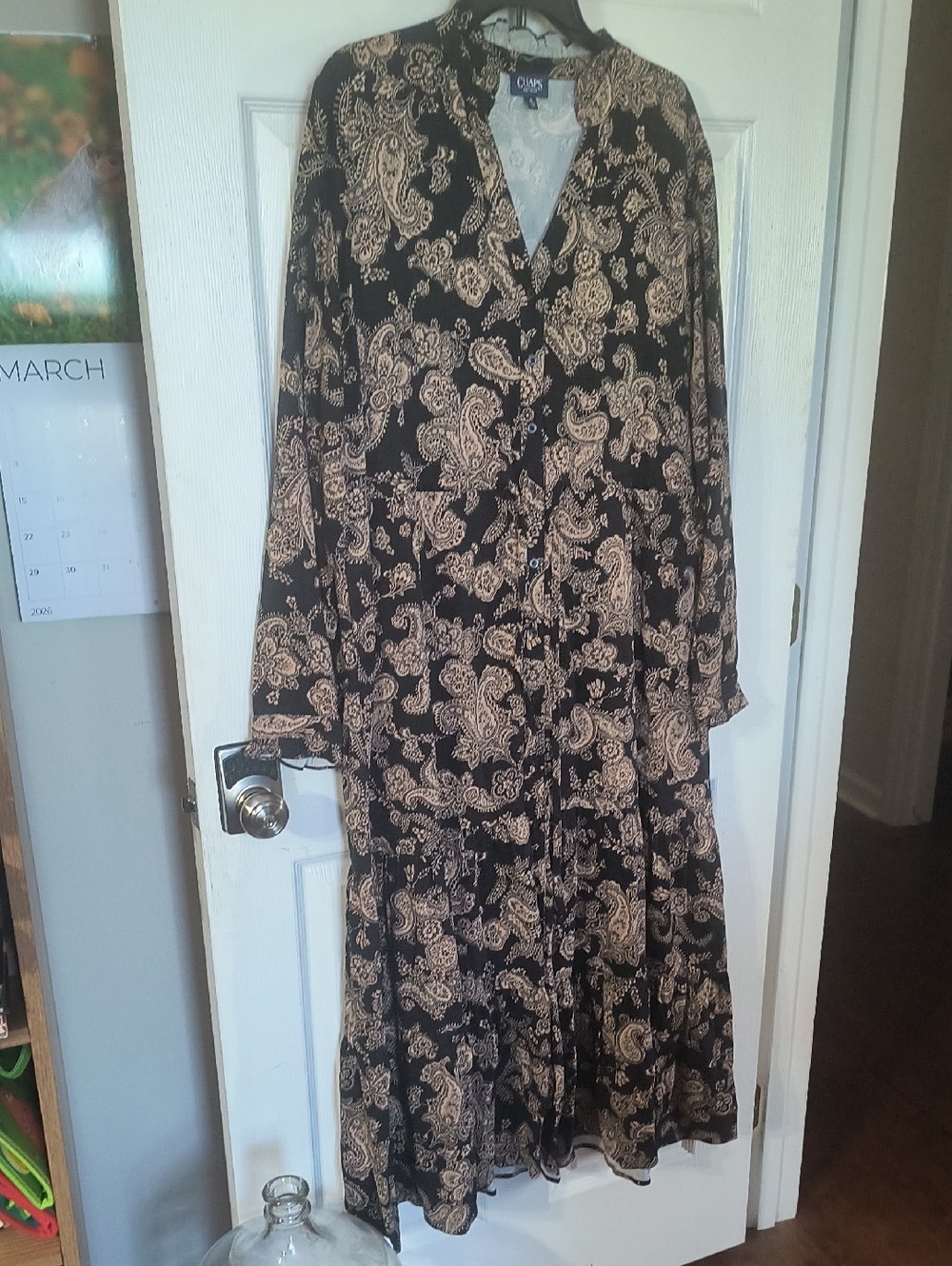Chaps Black Maxi Dress with Beige Paisley Motif
